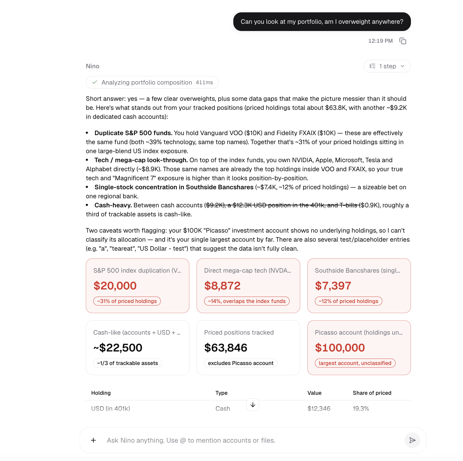 Nino Chat analyzing a portfolio and highlighting overlapping funds and concentrated investments