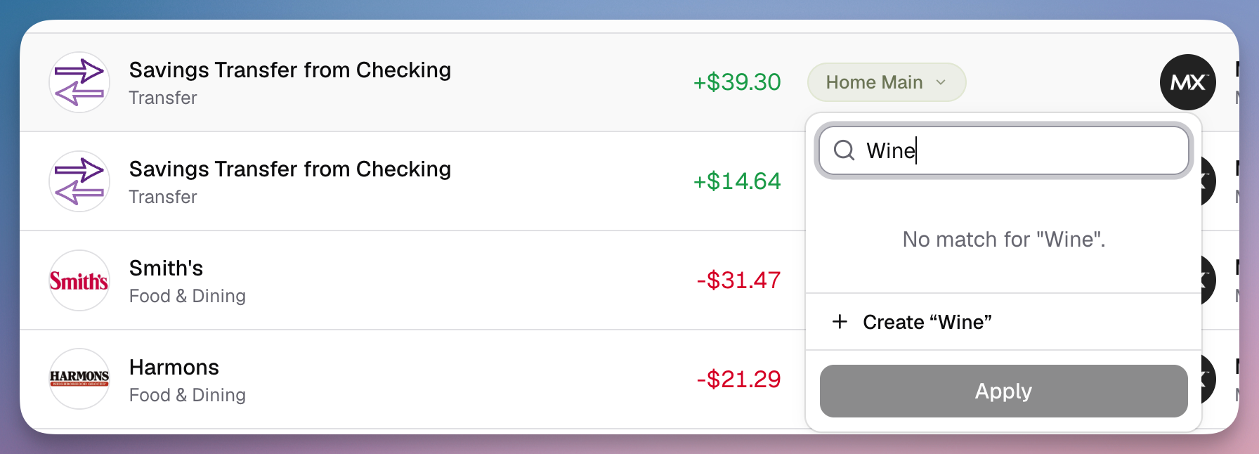 Creating a custom Wine transaction category in Nino