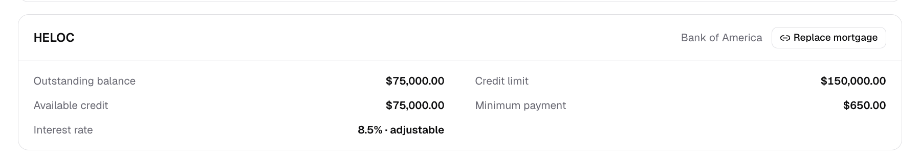 HELOC details in Nino showing the outstanding balance, available credit, credit limit, minimum payment, and adjustable interest rate