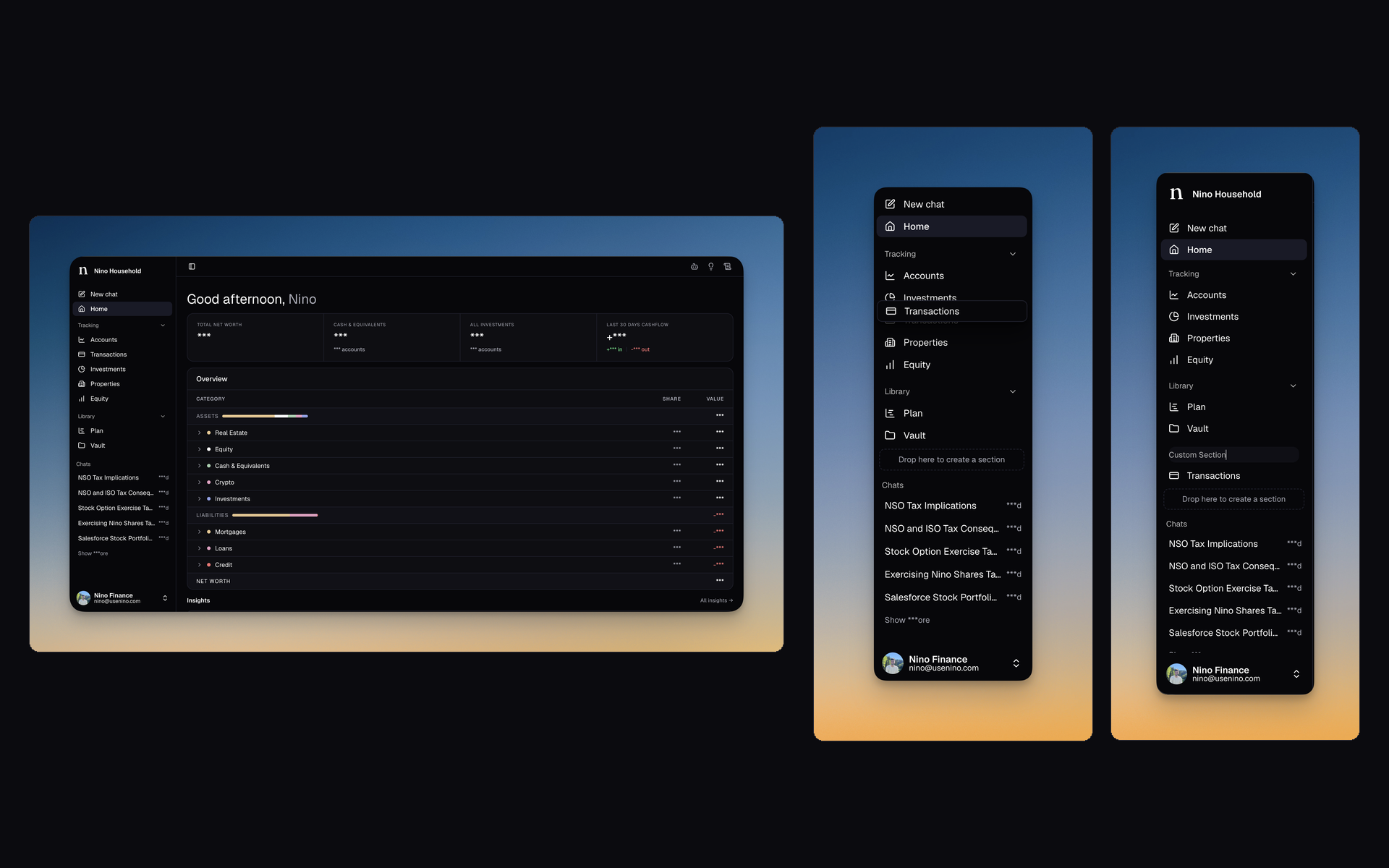 Nino app showing a cleaner default sidebar, reordering items with drag and drop, and creating a custom section