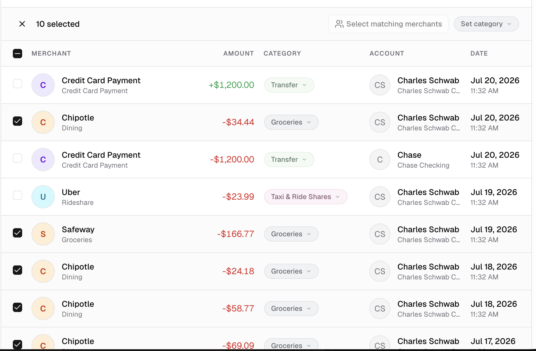 Nino transactions page with multiple transactions selected for categorization