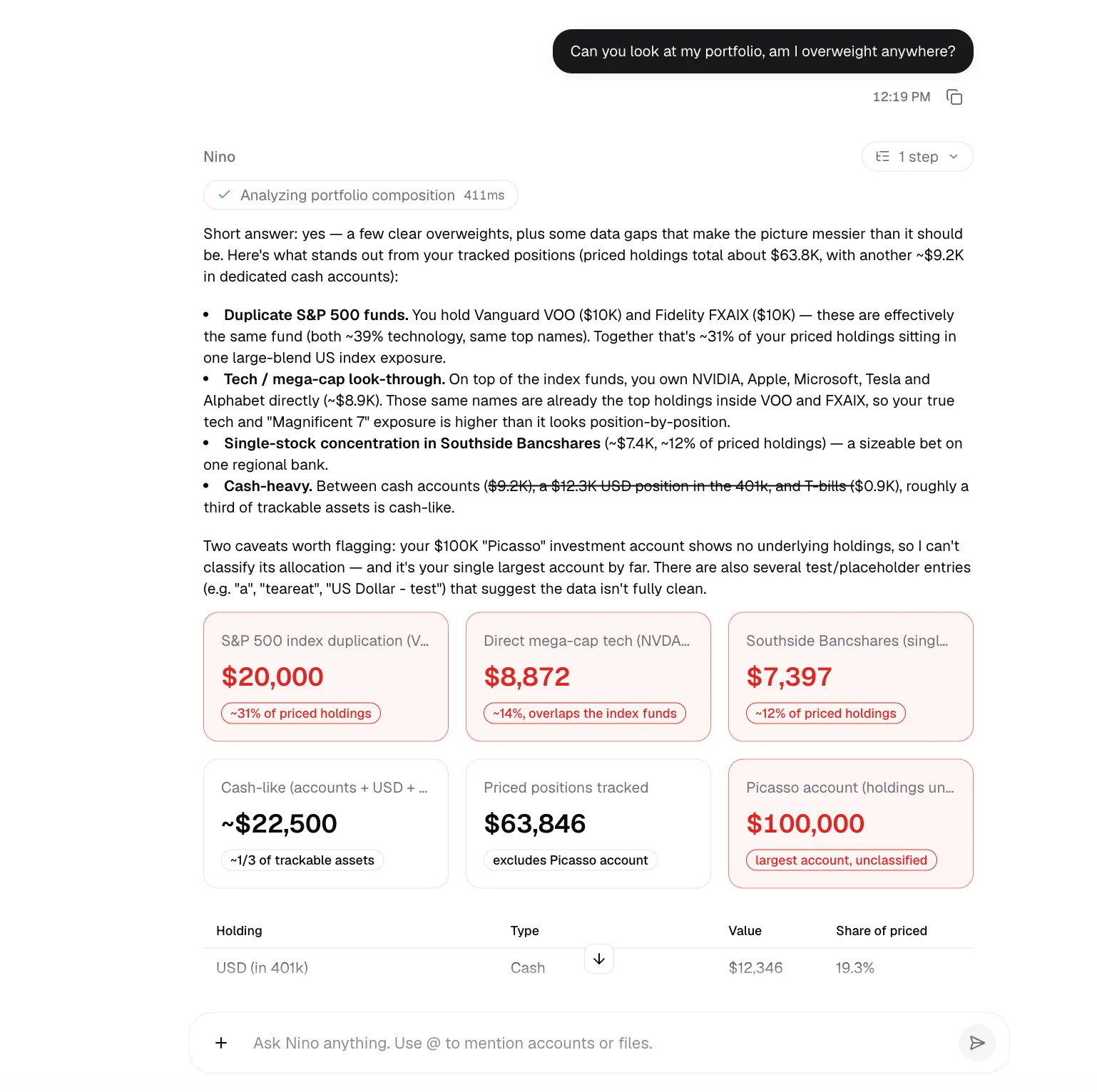Nino Chat analyzing a portfolio and highlighting overlapping funds and concentrated investments