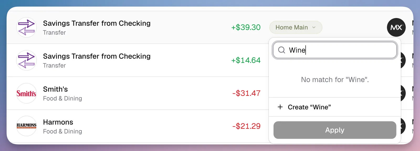 Creating a custom Wine transaction category in Nino