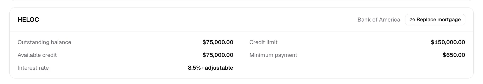 HELOC details in Nino showing the outstanding balance, available credit, credit limit, minimum payment, and adjustable interest rate