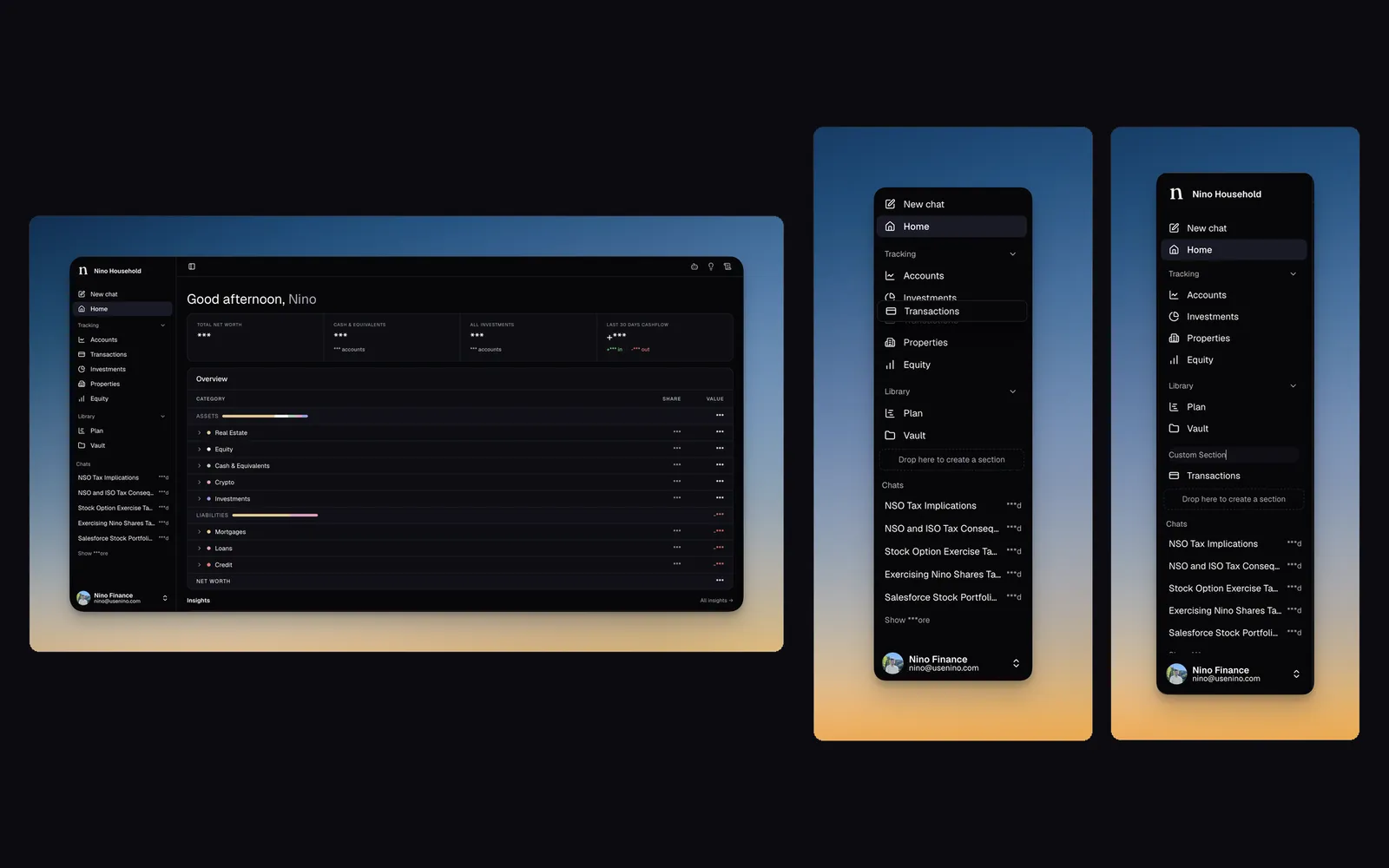 Nino app showing a cleaner default sidebar, reordering items with drag and drop, and creating a custom section