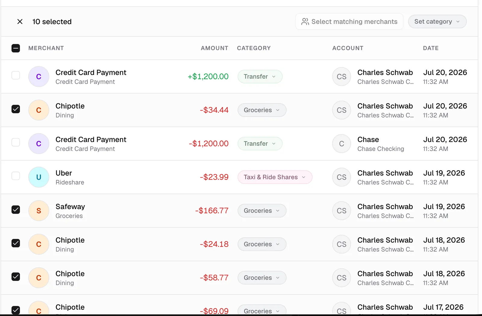 Nino transactions page with multiple transactions selected for categorization