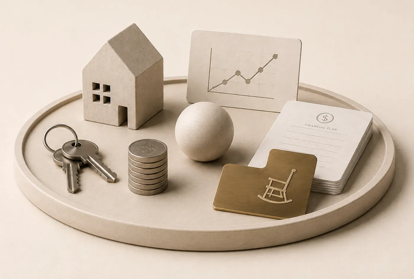 A tray holding a model house, keys, stacked coins, a growth chart and a financial plan